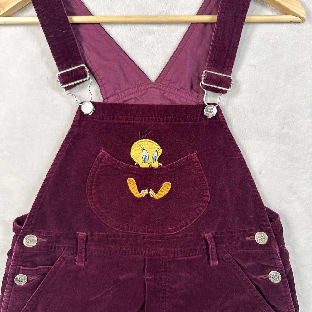 Vtg 1998 Looney Tunes Tweety Bird Embroidered Overalls Purple Kids Size 10-12